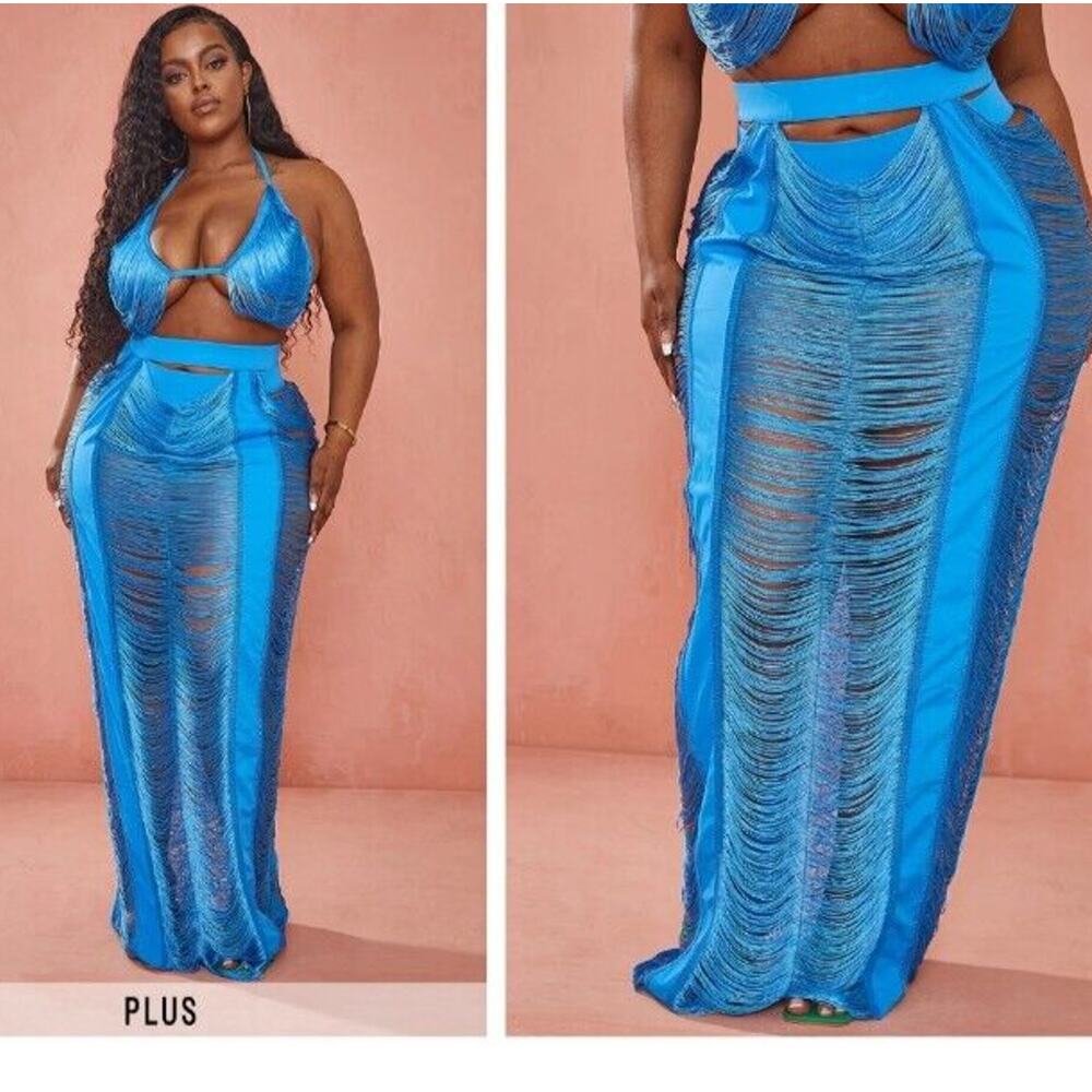 Coverup Bikini Set Plus Size 22 Pretty Little Thing Fringed Maxi Skirt Vacation